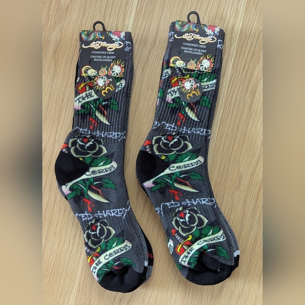 NWT Ed Hardy Cushioned Crew Socks - 3 Pair/Pack - Heart/Corps/Black & Grey